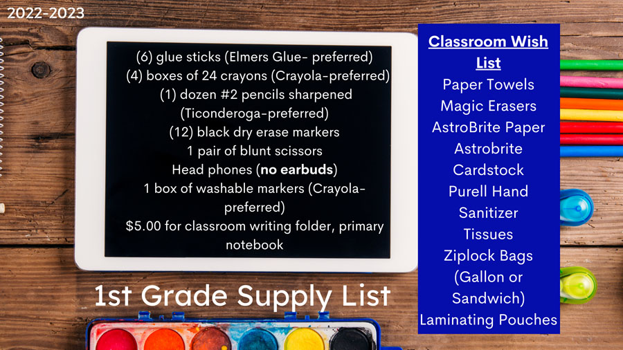 Chalkboard of 1st grade supplies